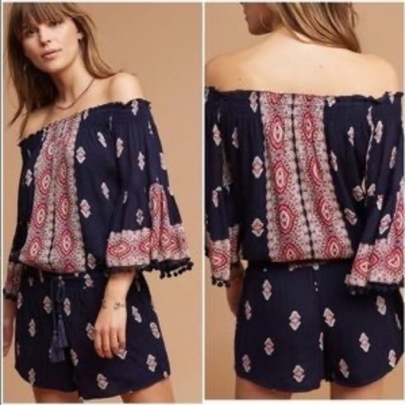 Anthropologie Pants - Lilka / Anthropologie / Off the Shoulder Romper / Boho / PomPom Sleeves /Paisley